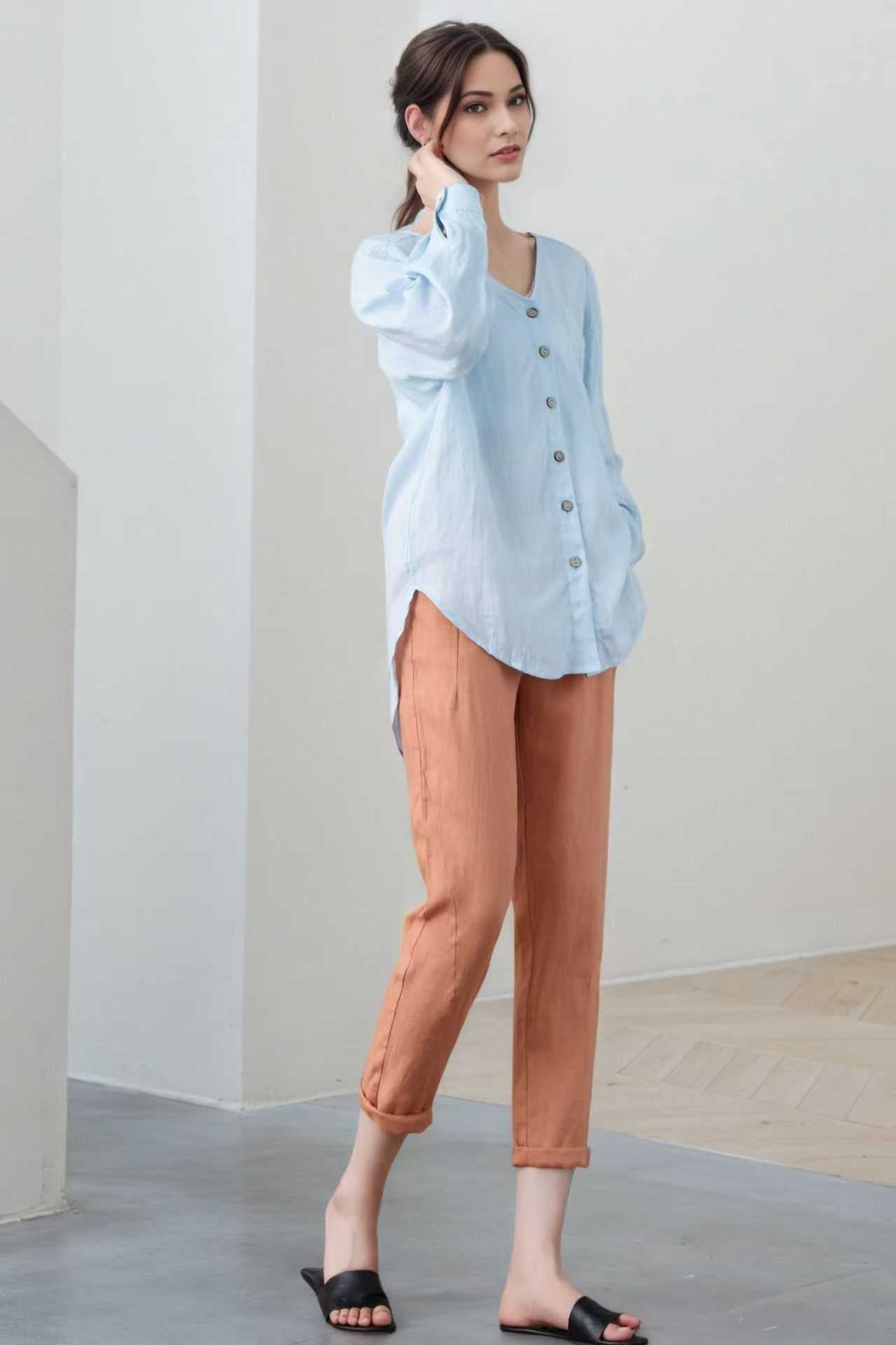 Light Blue Linen Blouse: Oversized V-Neck Long Sleeve Button-Up Top, Ylistyle C5324
