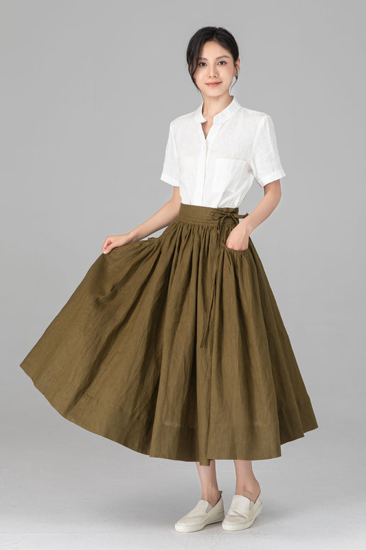 High Waisted Linen Midi Skirt, Olive Green A-Line Long Skirt, French Vintage Pleated Skirt C5522