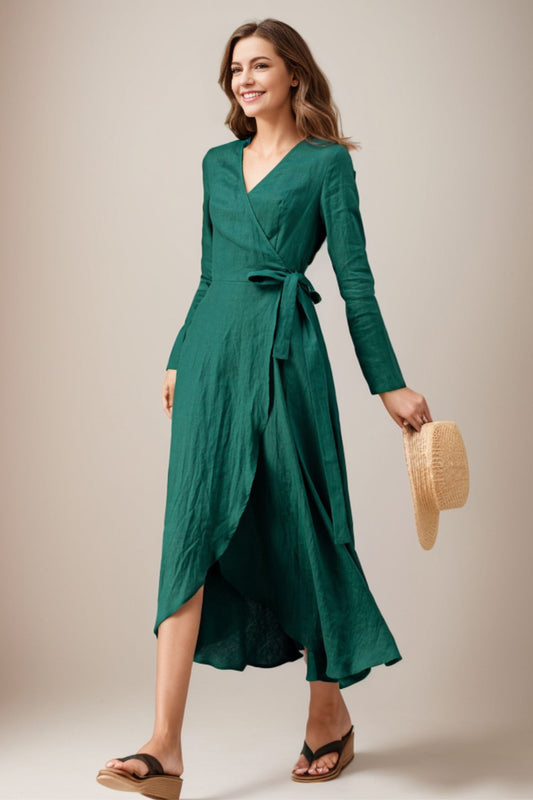 Women's Green Long Sleeves Linen Dress C4139