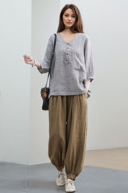 V-Neck Linen Blouse, Loose Fit Top C5318