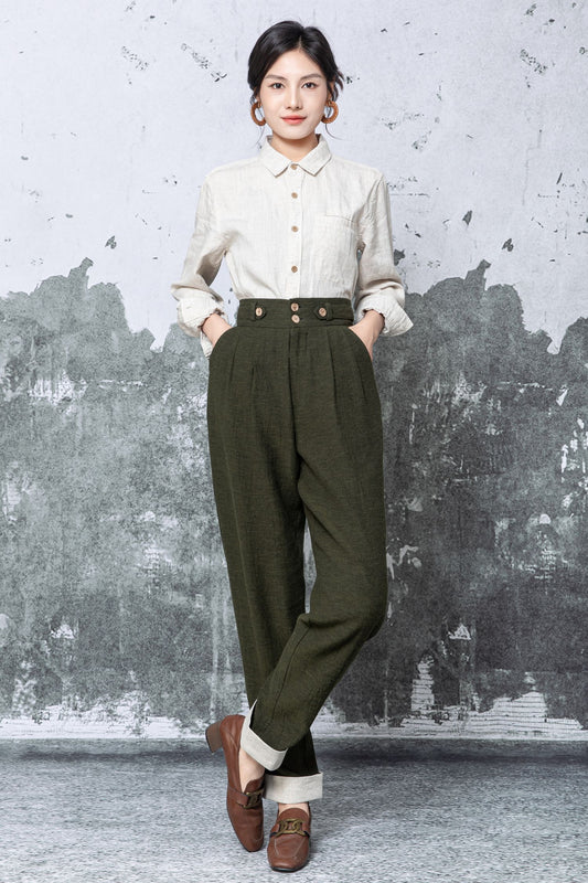 Olive Linen Blend Trousers: High Waisted Relaxed Fit Pants, Ylistyle C5477
