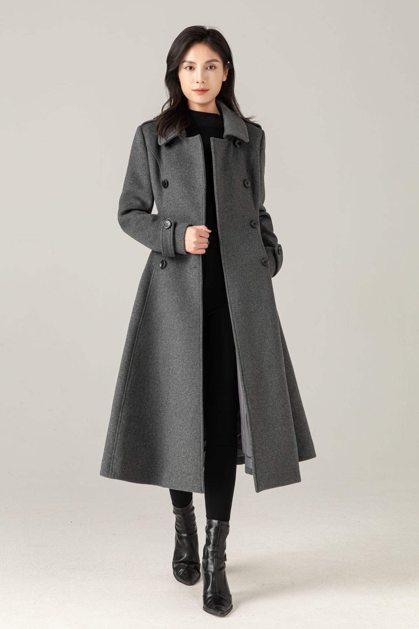 Gray Wool Blend Swing Coat: Double Breasted Belted Maxi Winter Overcoat, Ylistyle C5376