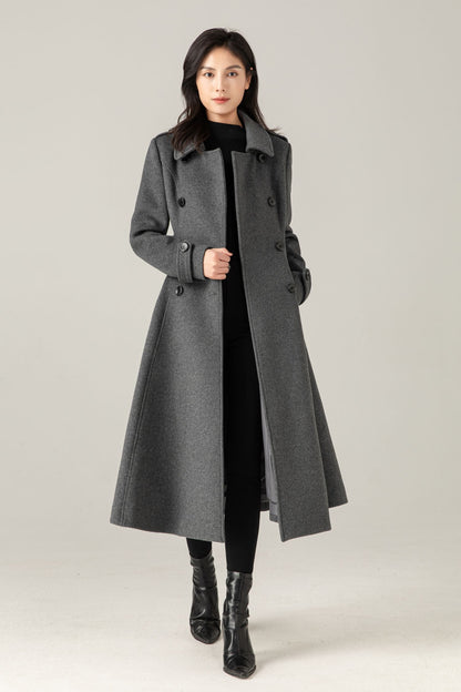 Gray Wool Blend Swing Coat: Double Breasted Belted Maxi Winter Overcoat, Ylistyle C5376