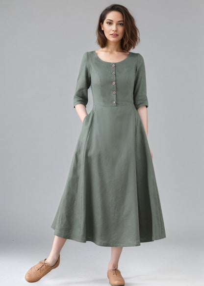 Fit and Flare Long Button Front Dress with Half Sleeves C5159