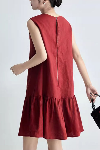 Burgundy womens summer short linen dress C5063