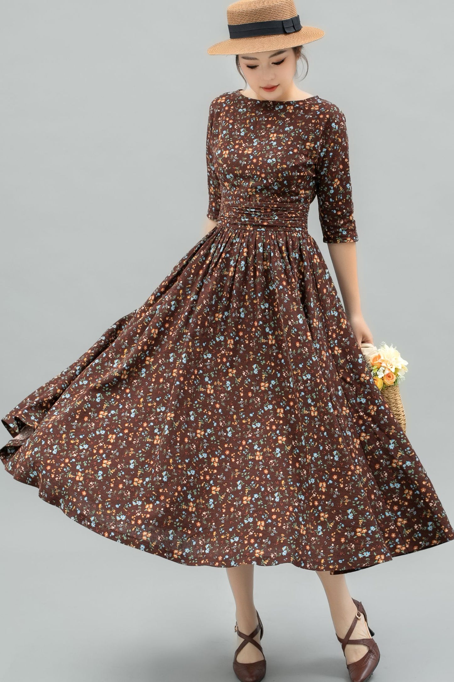 Vintage Inspired Floral Linen Midi Dress C4745