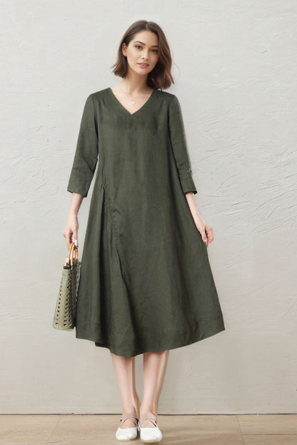 Army Green Midi Linen Dress C5400