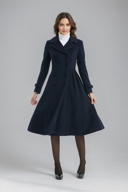 Double breasted Navy Blue Wool Coat C5136