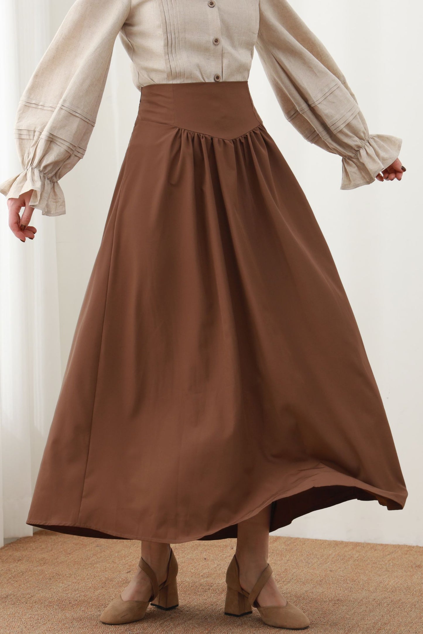 Caramel Linen Maxi Skirt - High Waist Pleated A-Line Silhouette c5452