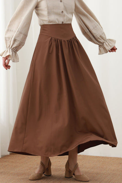 Caramel Linen Maxi Skirt - High Waist Pleated A-Line Silhouette c5452