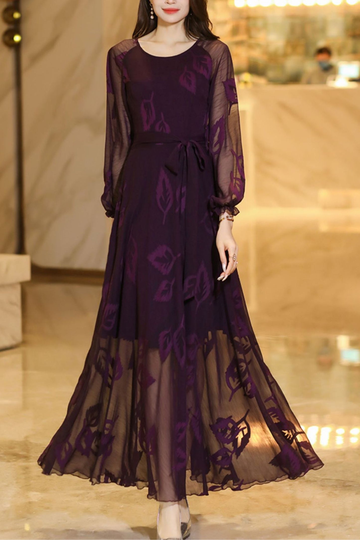 Summer Purple Long Sleeve Chiffon Dress C4110