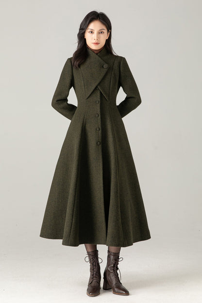Olive Green Wool Blend Maxi Coat - Fit and Flare with Asymmetric Collar 5373