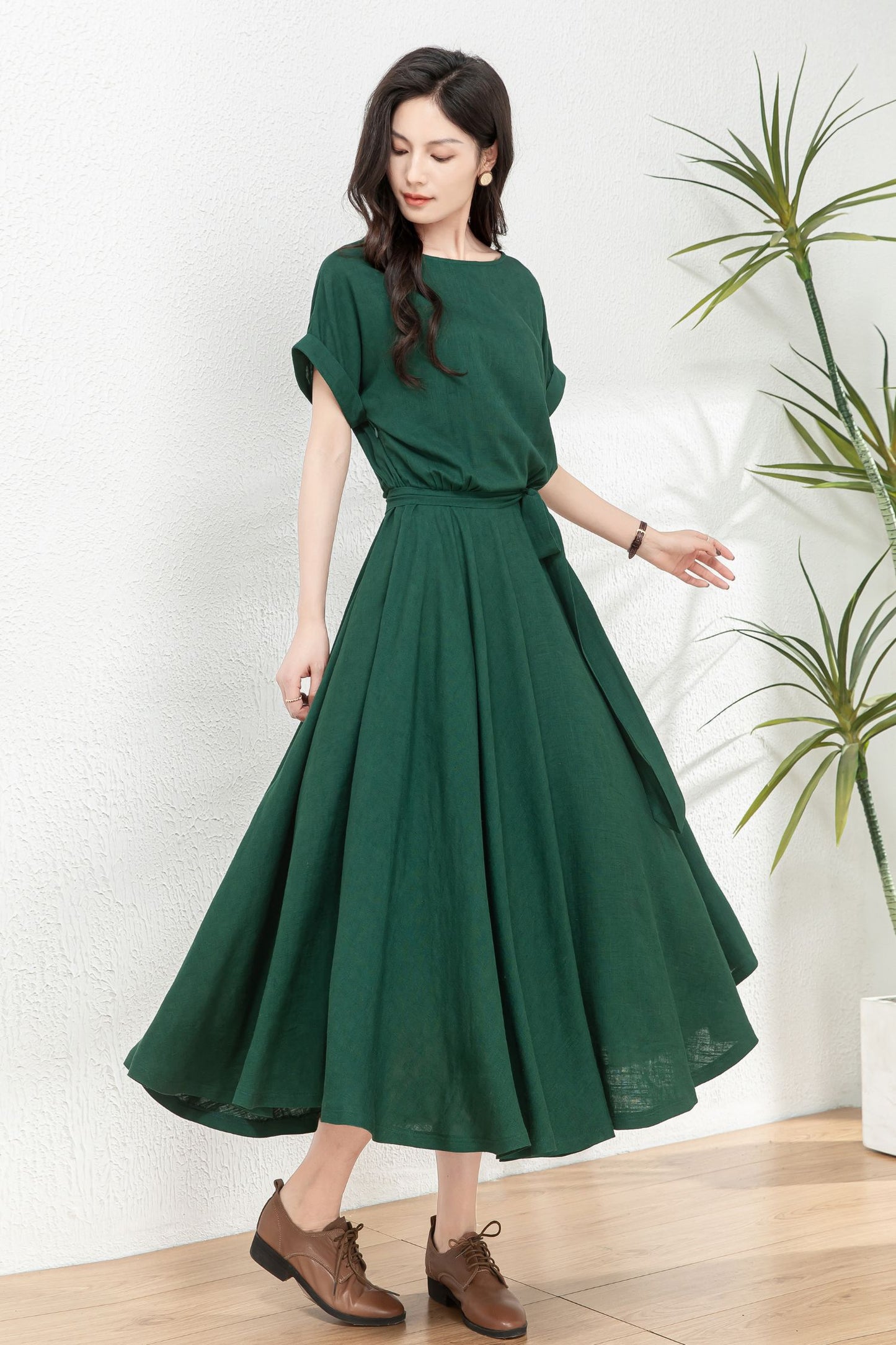 Linen midi swing green dress C4770