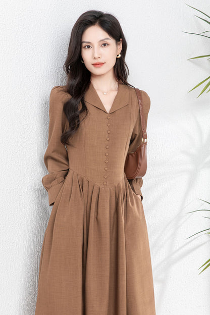 Vintage-Inspired Shirt Dress – Long Sleeve Midi Dress C4759