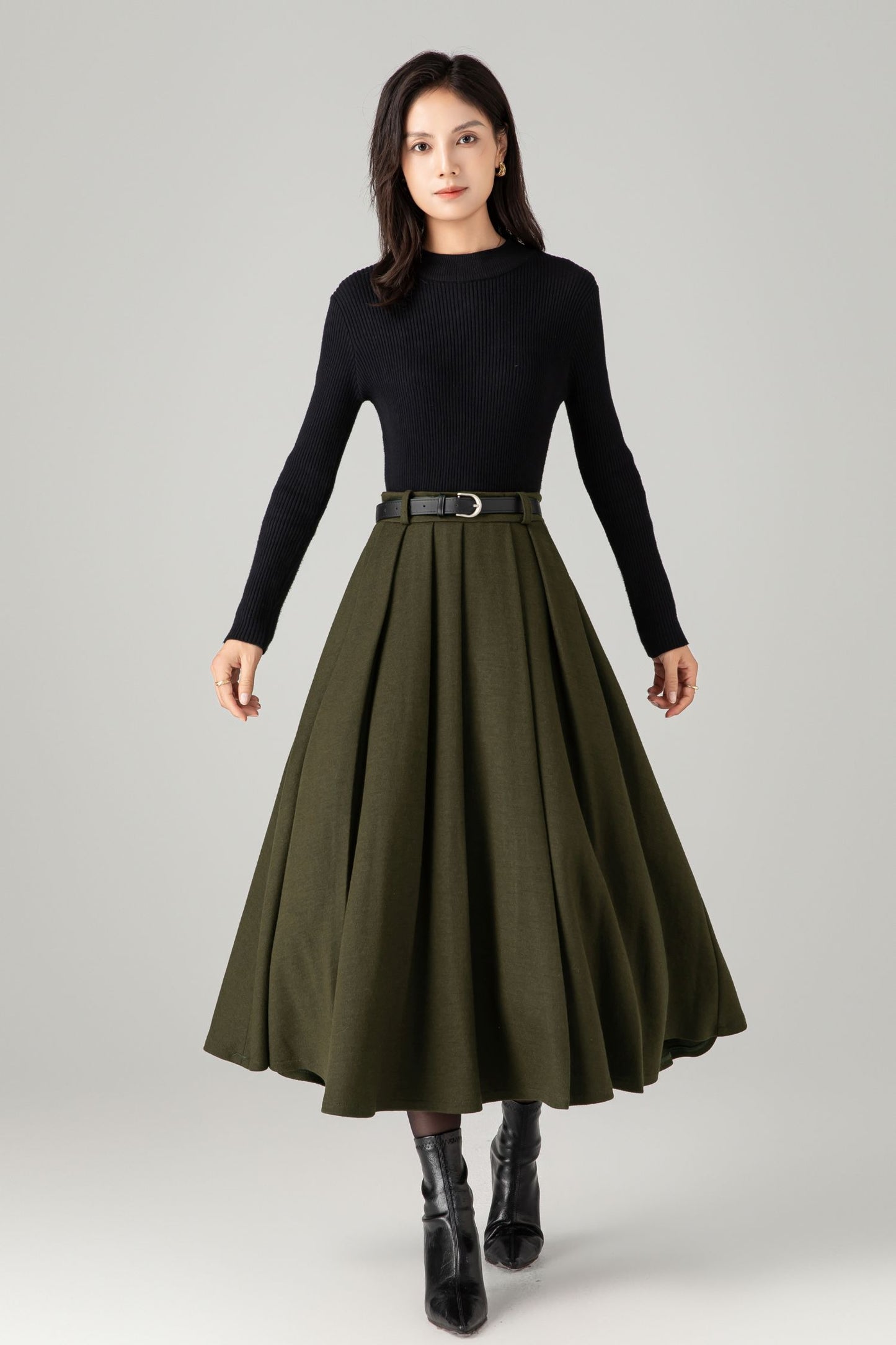 Army green midi winter wool skirt C5276
