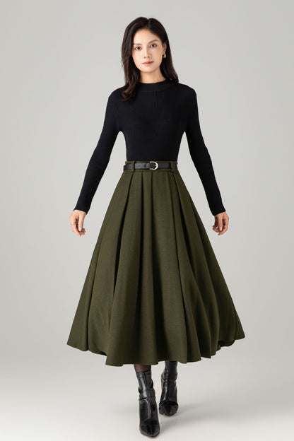 Army green midi winter wool skirt C5276