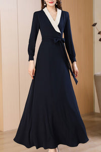 Navy blue spring and autumn V-neck long dress C4172