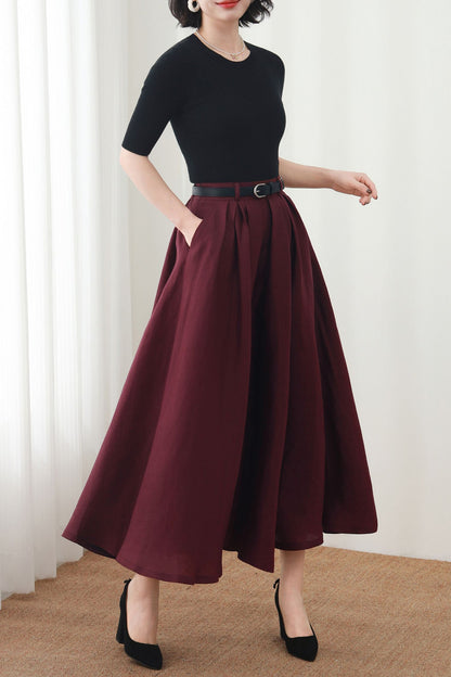 Burgundy Linen Maxi Skirt: A-Line Linen Blend Summer Skirt with Pockets, Ylistyle C5450