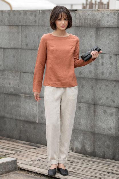 Orange Linen Blouse: Long Sleeve Boat Neck Relaxed Fit Women’s Top, Ylistyle C5409