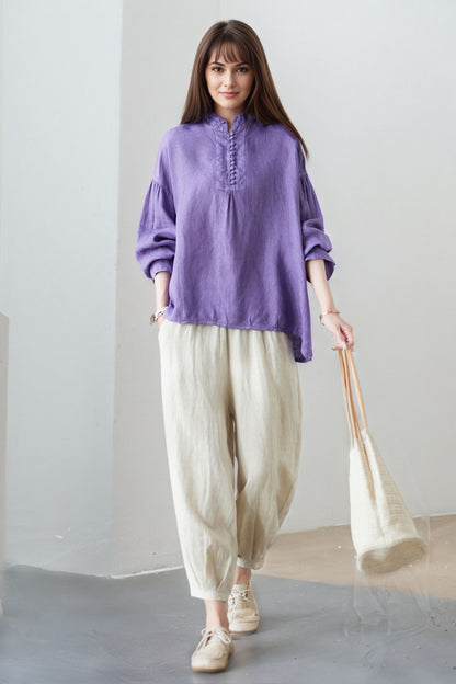 Purple Cotton Linen Blouse: Oversized Long Sleeve Boho Shirt with Ruffled Collar, Ylistyle C5323