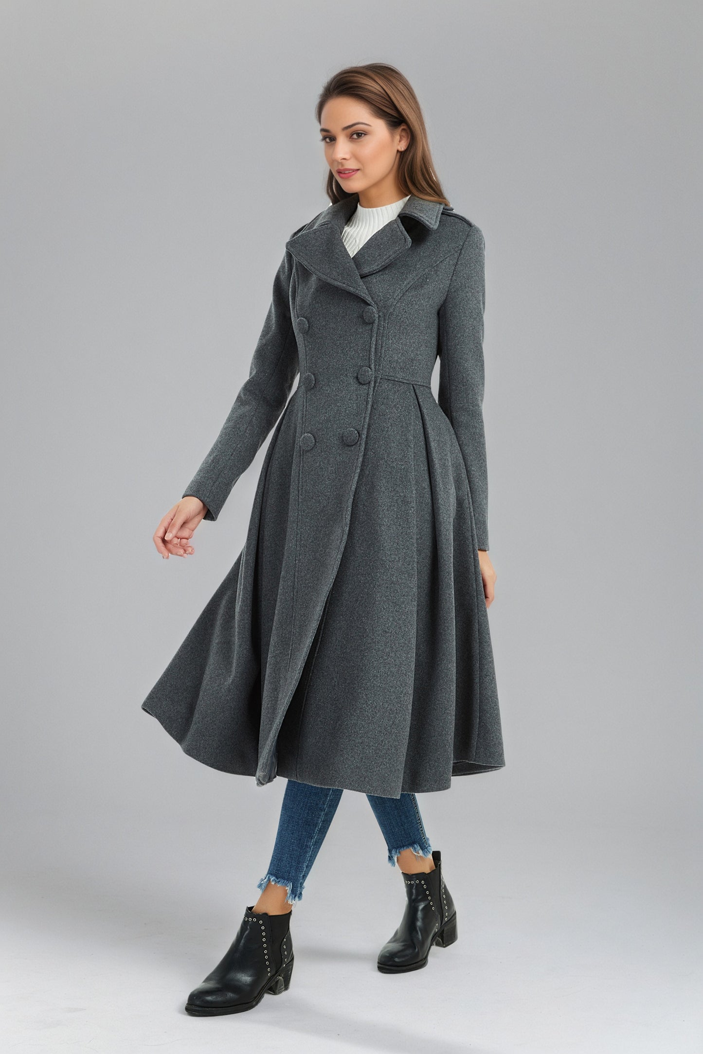 Double breasted long winter gray wool coat C5134