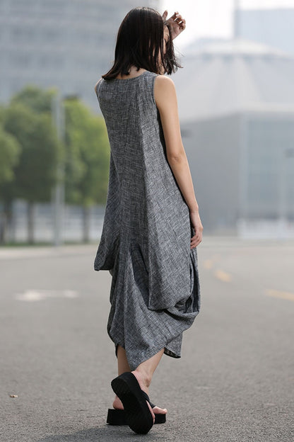 Grey Loose-Fitting V neck Linen Dress C257