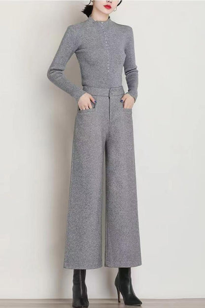 Wide leg womens wool pants with pockets c5078