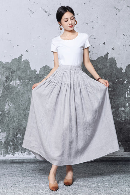 Gray Linen Maxi Skirt - Elastic Waist Pleated A-Line Silhouette c5466