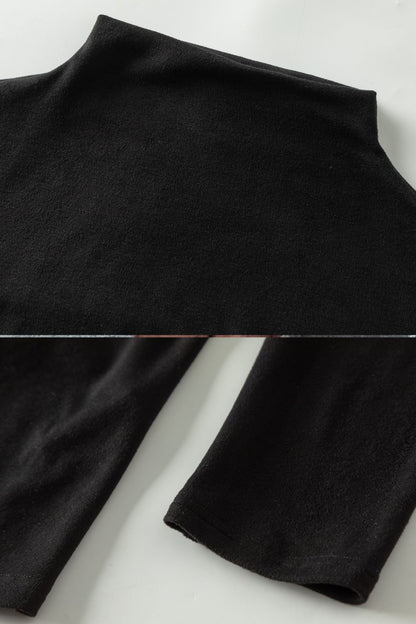 Black Cotton Blouse - Long Sleeve Mock Neck with Asymmetric Hem c5463