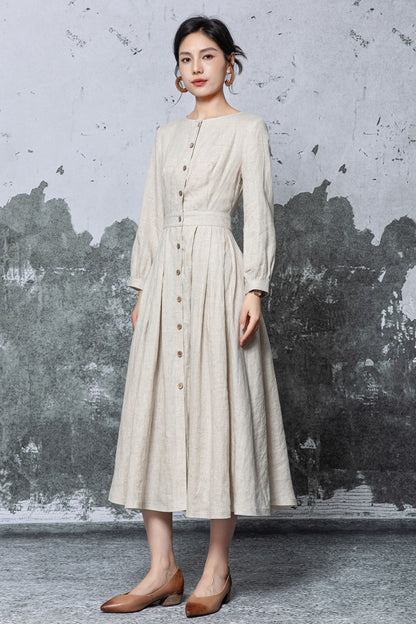 Beige Linen Midi Dress - Button Front Pleated A-Line Silhouette c5469