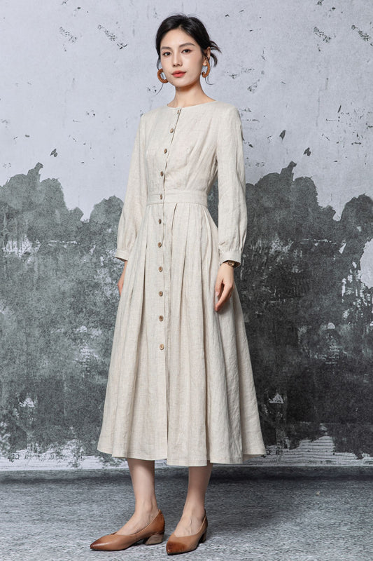 Light Beige Linen Dress: Long Sleeve Button Front Pleated Maxi Dress, Ylistyle C5469