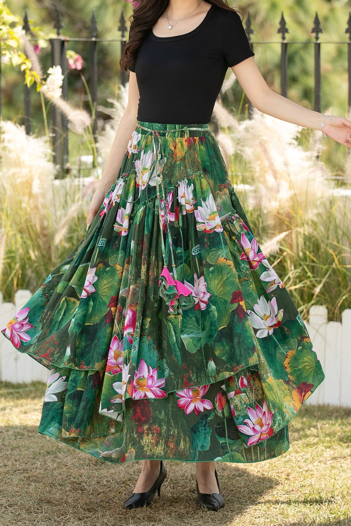 Green Floral Linen Cotton Maxi Skirt with Elastic waistband – High Waisted Pleated Full Skirt for Women, Ylistyle C5438