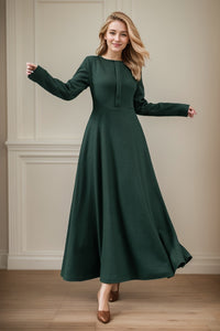 Green maxi winter wool dress women C4443