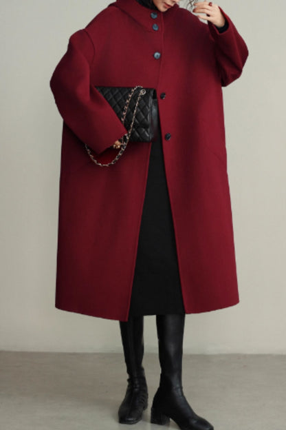 Burgundy hooded loose fitting wool coat C5355