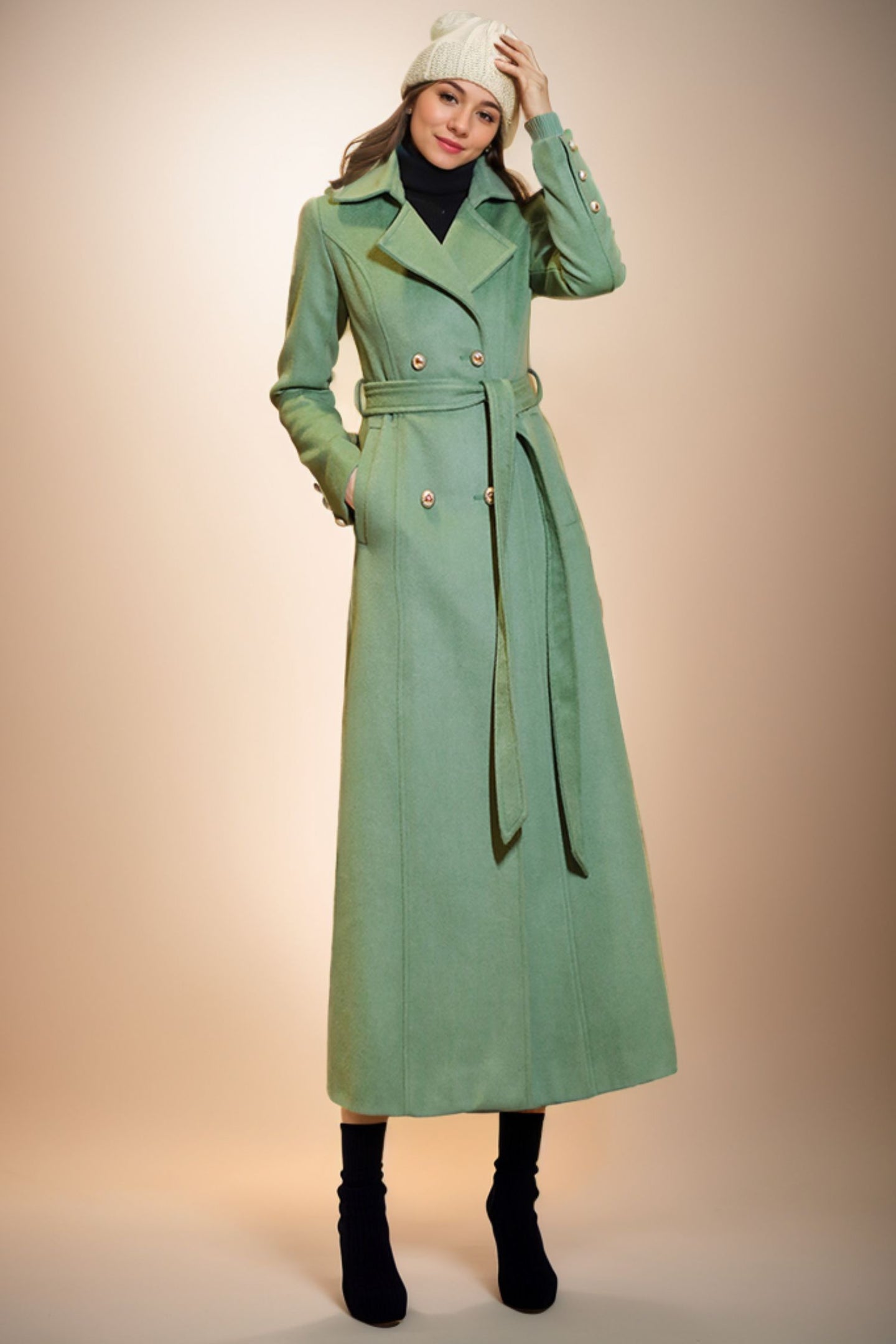 Trench Green Wool Coat Women C4074