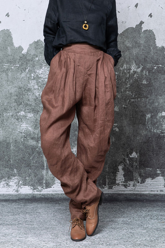 Brown Linen Harem Pants: High Waisted Wide Leg Trousers, Ylistyle C5462
