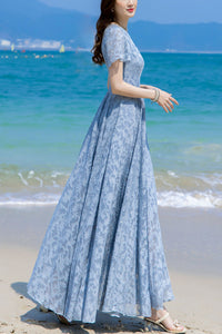 Summer blue chiffon floral dress C4112