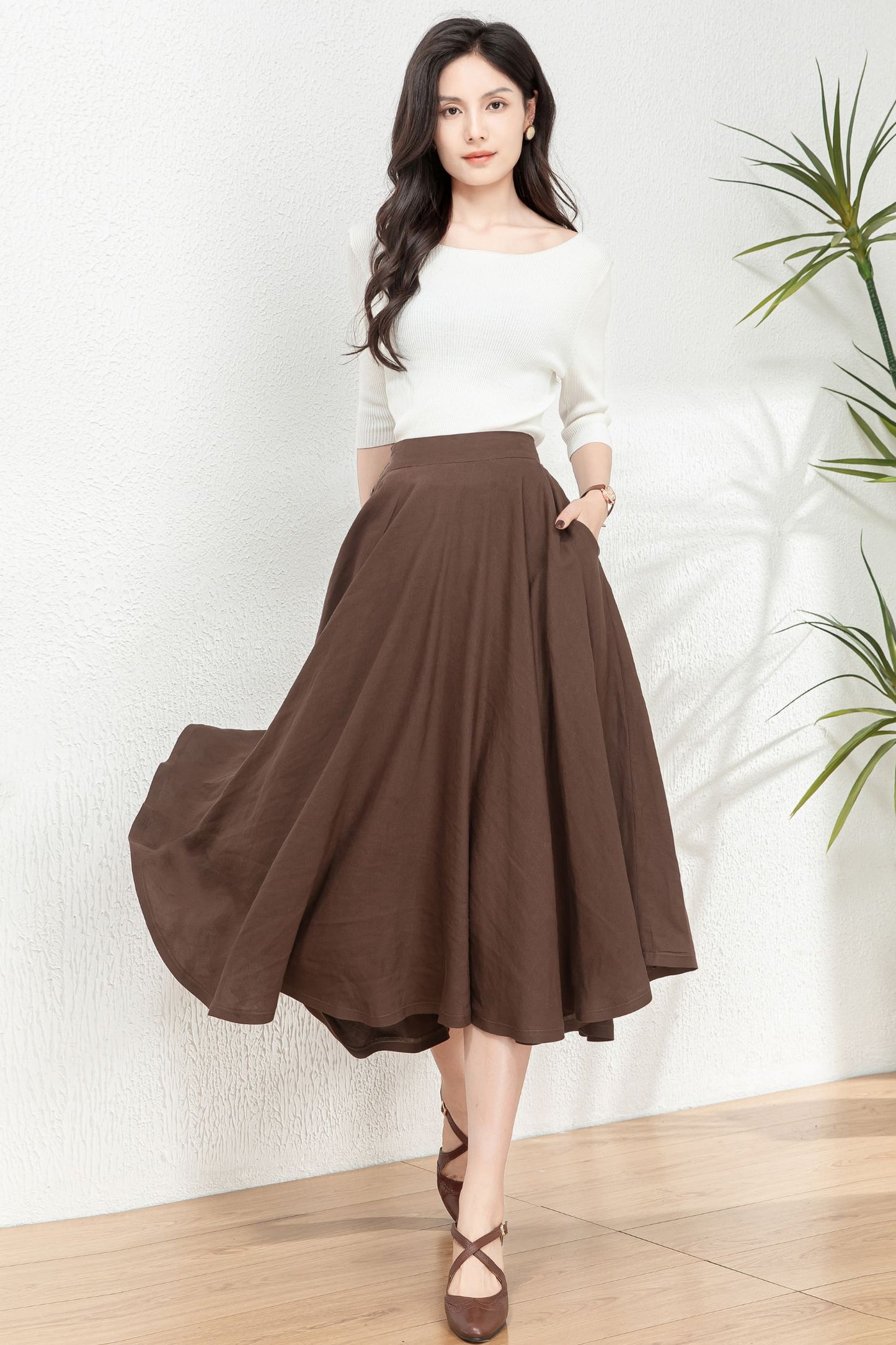 Brown Linen Swing Mid-Length A-Line Skirt C4764