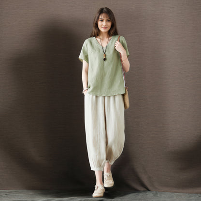 Green linen casual loose blouse C4856