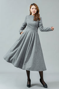 Gray swing long winter wool dress C4442