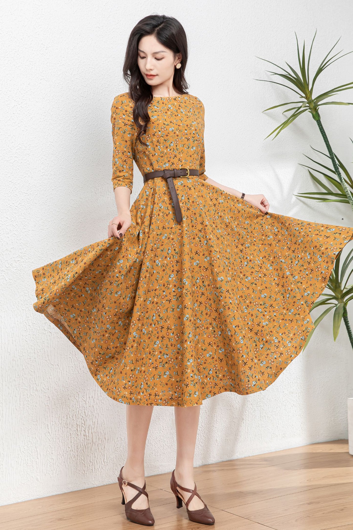 Floral swing linen dress women C4768