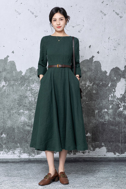 Dark Green Linen Midi Dress - Fit & Flare A-Line with Pockets c5460