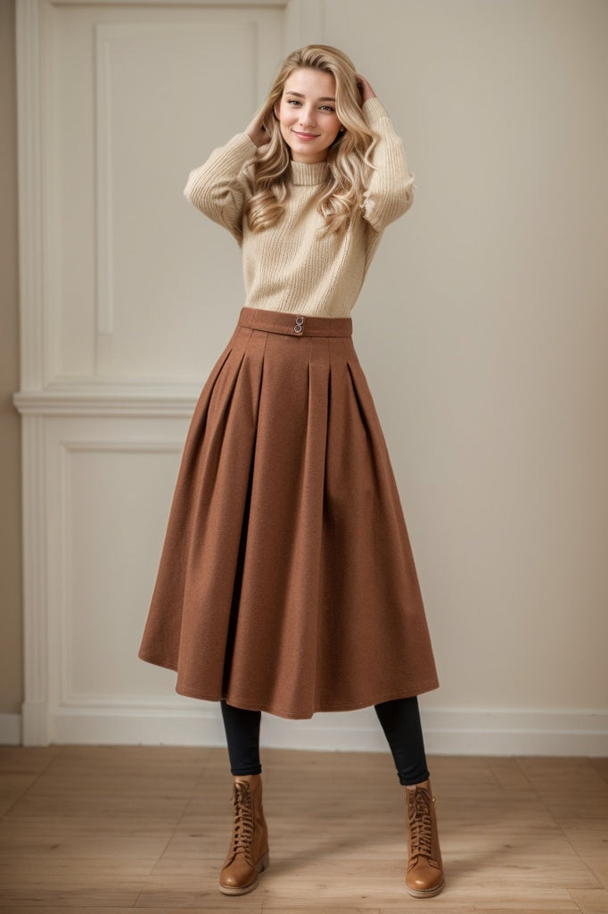 Pleated midi winter wool skirt with pockets C4445