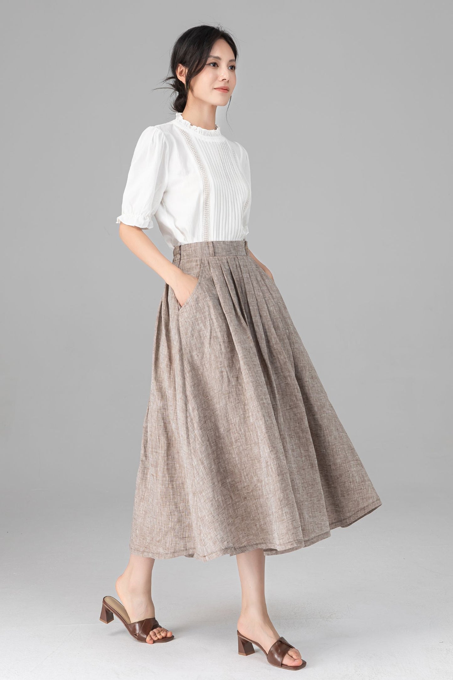 Beige Linen A-Line Midi Skirt with Pockets - Pleated & Comfortable C5520
