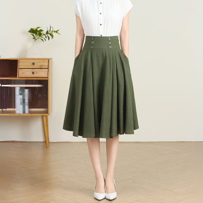 Green Pleated Swing Skirt with Pockets C4729