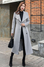 Load image into Gallery viewer, Grey Long Wool Wrap Coat Women C2575
