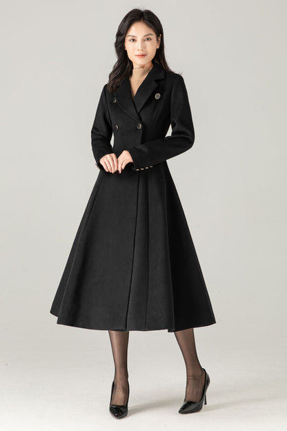 Black Wool-Blend Maxi Coat: Double-Breasted Belted Swing Overcoat, Ylistyle C5372