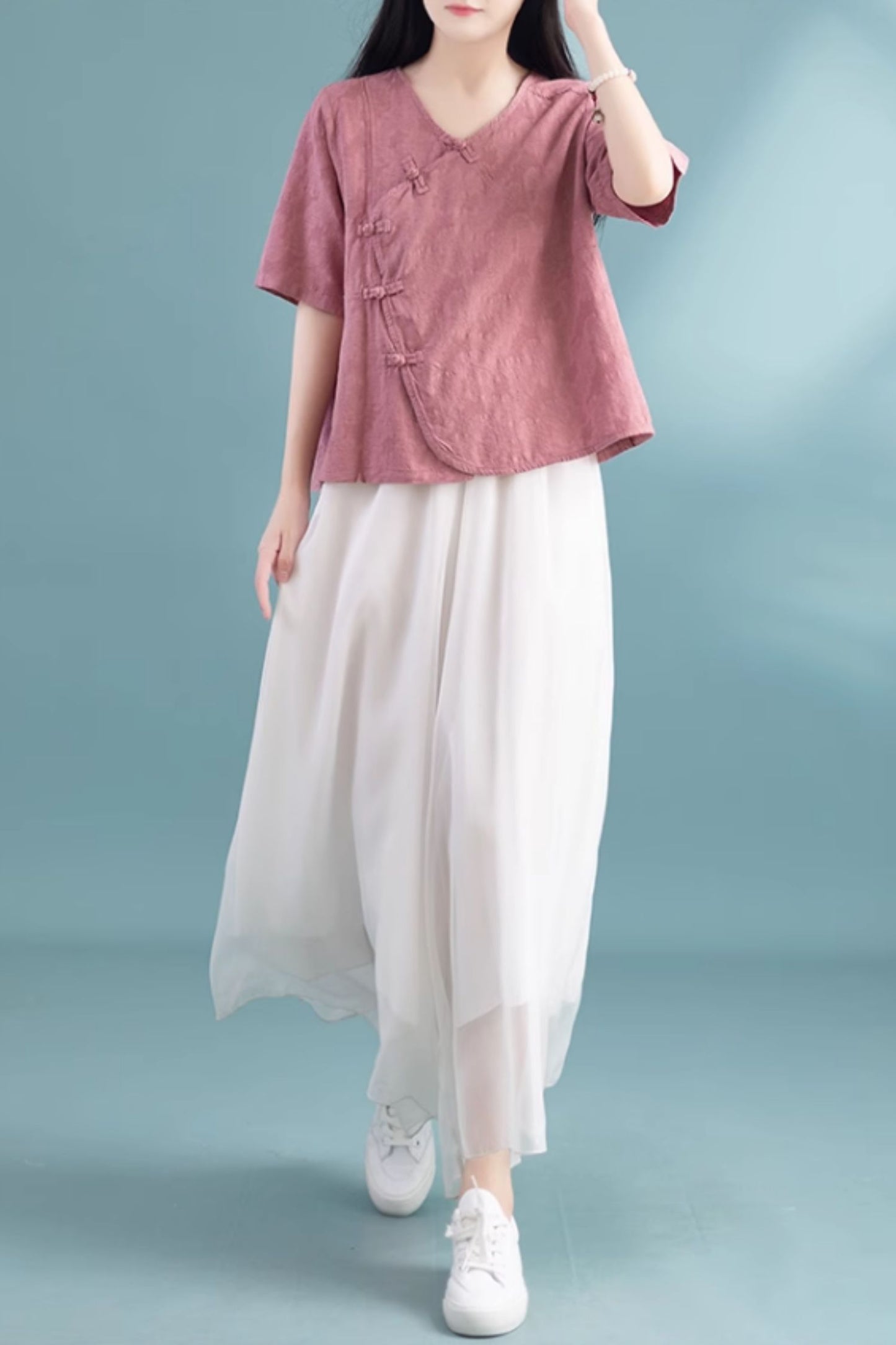Loose fitting asymmetrical linen summer blouse C5050