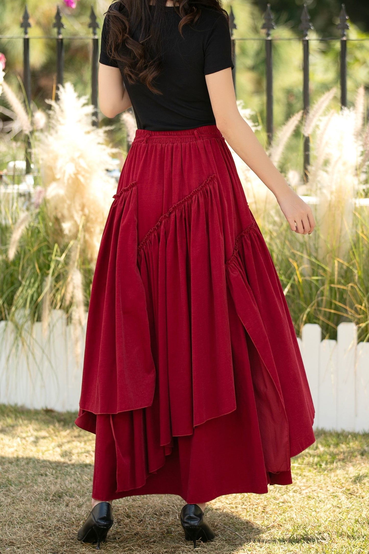 Red Corduroy Maxi Skirt – Elastic Waist Handmade Cotton Boho Skirt, Ylistyle C5441