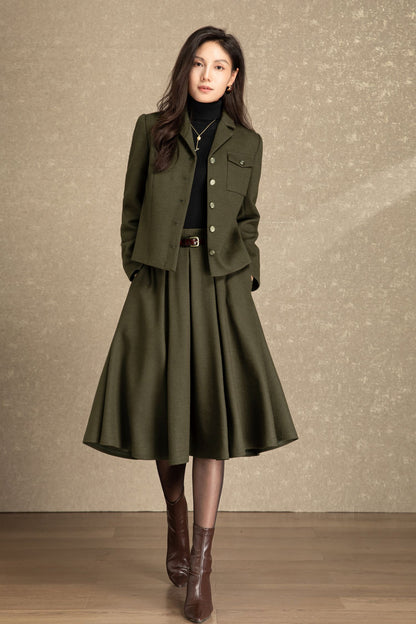 Army green short wool jacket coat C4488
